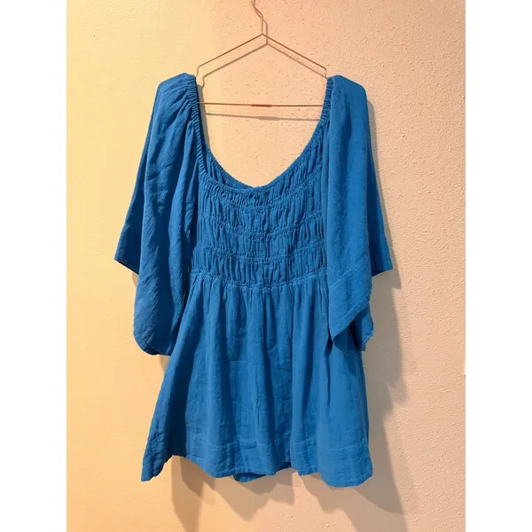 Free People Mini‎ Dress Women Small Blue Oasis Mini Smocked Bell Sleeve Pockets - Image 8