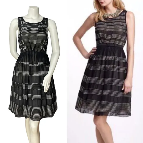 Anthropologie Hitherto Silk Dress Stripes Retro Sleeveless Fit‎ and Flare Black - Image 2