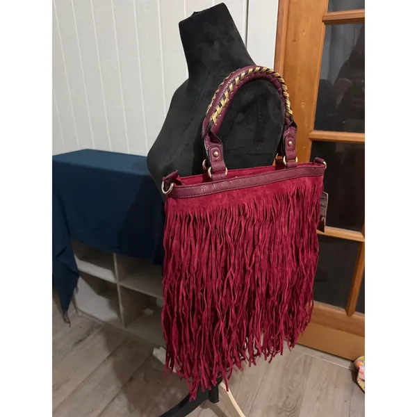 Heritage West Western Handbag Burgundy Fringe Tote Bag Gold Whipstitch New - Image 8