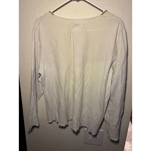 Aria Womens Cream Waffle Knit Thermal Top Lace Trim V-Neck Long Sleeve Large - Image 3