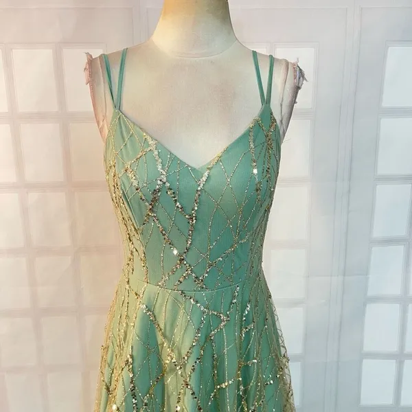 TLC Say Yes to the Prom Green Gold Sequin Glitter Sleeveless Ball Gown Size 9 - Image 2