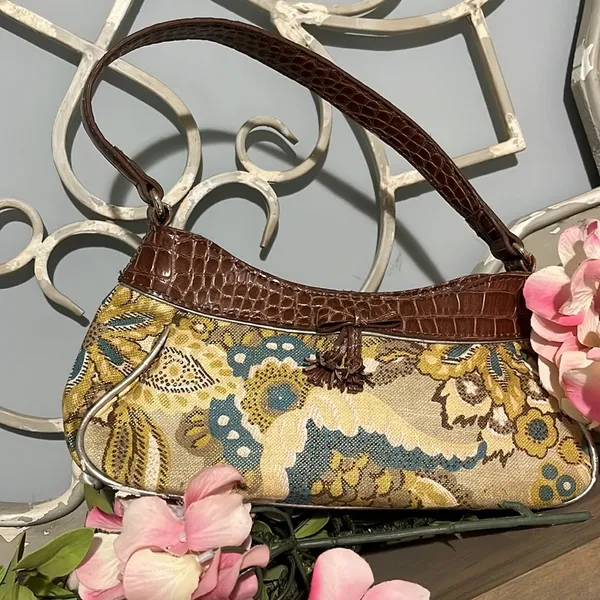 Liz Claiborne Purse Small Alligator Look Strap Floral Brown Gold Shoulder Bag - Image 10
