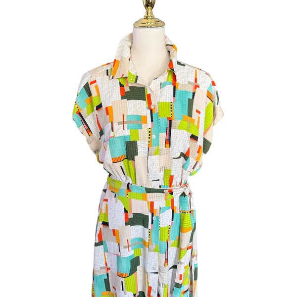 LDT Multi-Color Geometric Abstract‎ Print Button Front Midi Shirt Dress Size 6 - Image 2