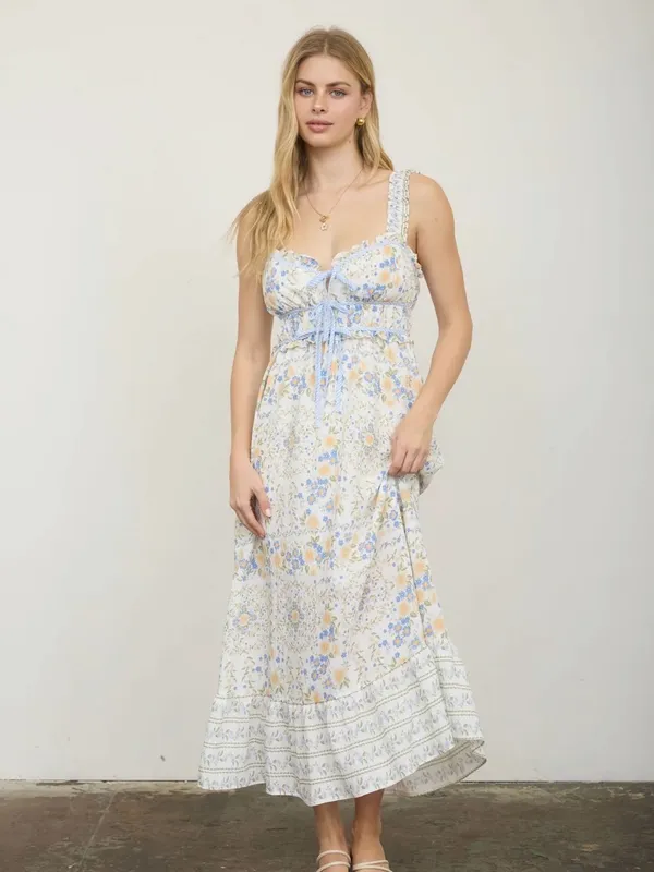 NEW Blu Pepper Blue Multi Floral Front Tie Midi Dress Large Sundress - Image 5