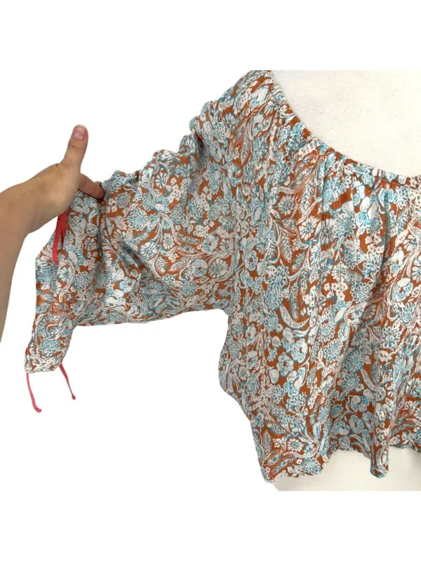 By Anthropologie Boho Peasant Floral Shirred Blouse Brown Blue Size Large - Image 3