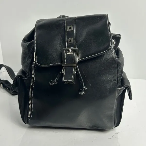 Perlina Black Genuine Leather Backpack Vintage 90s Buckle Moto Y2K Bag - Image 10