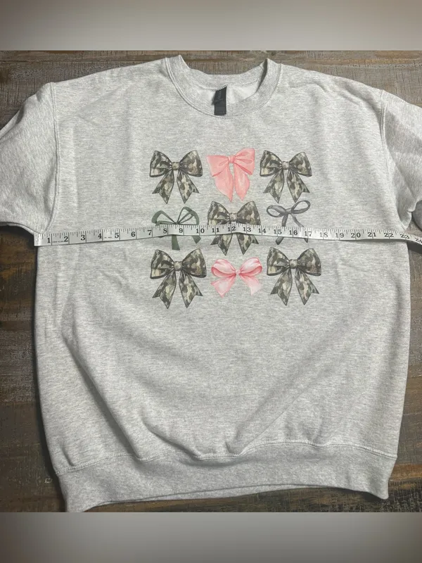Gildan Heather Gray Crewneck Sweatshirt with Pink, Green and Camo Bows - Image 6