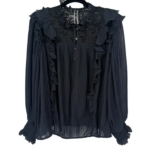 Anthropologie Pleated Ruffled Sheer Lace Blouse‎ Top Black Size LP Whimsigoth - Image 4