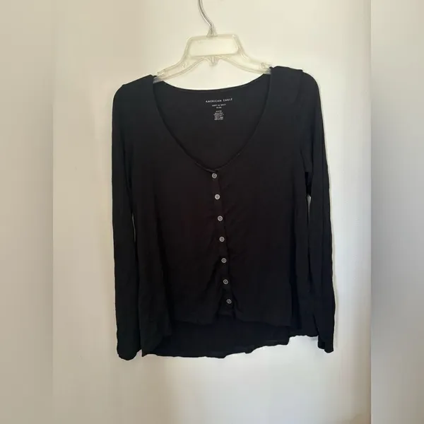 American Eagle Soft & Sexy Slub Button Front Top Small Black - Image 4