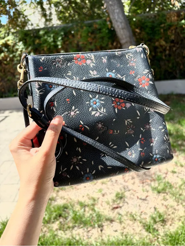 Coach Leather Crossbody Messenger Bag Blue Color With Floral Print Long Strap - Image 3