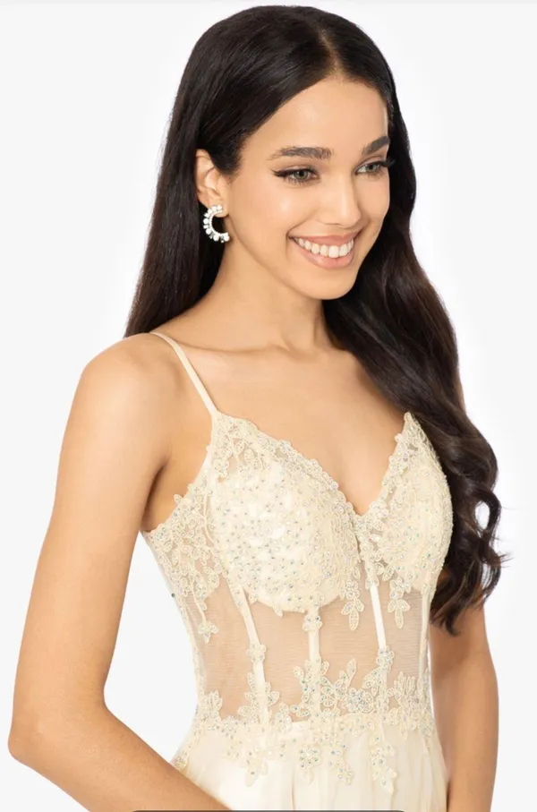 Blondie Nites Womens Yellow Mesh Corset Bodice Dress - Image 3