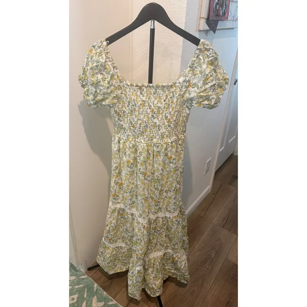 Japna Floral Cotton‎ Midi Dress Yellow White Puff Sleeve Tiered Lace Trim Size M - Image 3