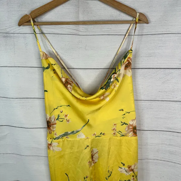 Boohoo NWT Womens 12 Yellow Satin Floral Cowl Neck Slip Maxi Dress Flute Hem - Image 3