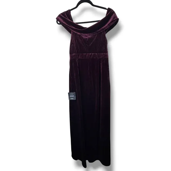 NEW Lulus I'm Enchanted Burgundy Velvet Off-the-Shoulder Tulip Dress Medium - Image 9