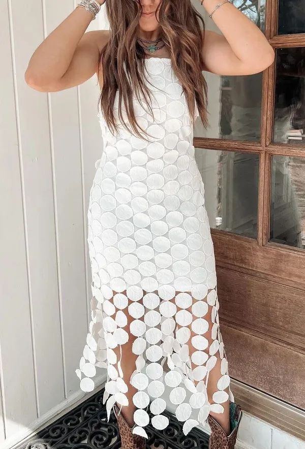 Revolve NWT Mainstrip Circle Fringe Crochet White Midi Dress. Size Large - Image 10