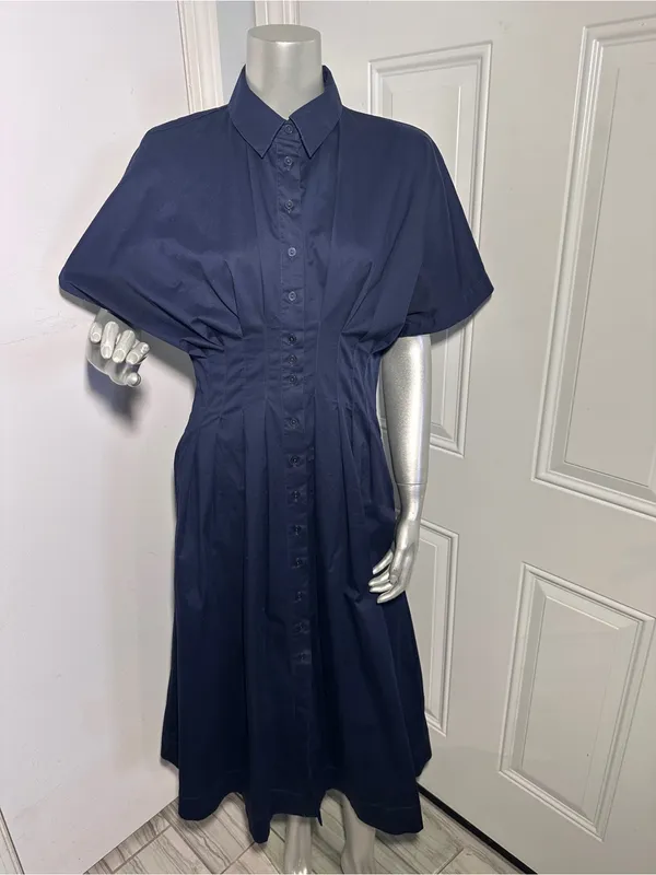 Quince Stretch Cotton Poplin Pleated Midi Shirt Dress Deep Navy Womens Size S - Image 2