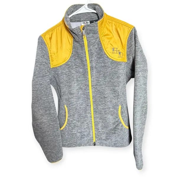 Harley-Davidson Womens Gray Fleece Yellow Quilted Shoulder Zip Jacket Medium - Image 3