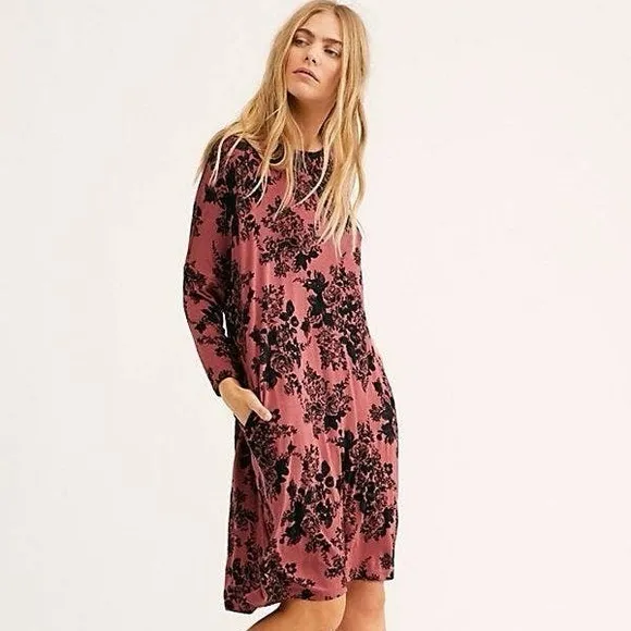 Free People Floral Midi Dress Pink Black Long Sleeve Boho Size Medium - Image 3