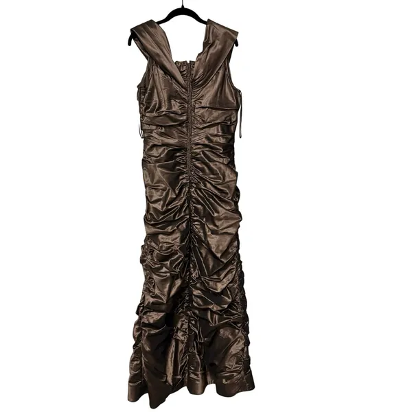 Rickie Freeman Teri Jon 100% Silk Bronze Metallic Ruched Maxi Gown Dress Size 16 - Image 4