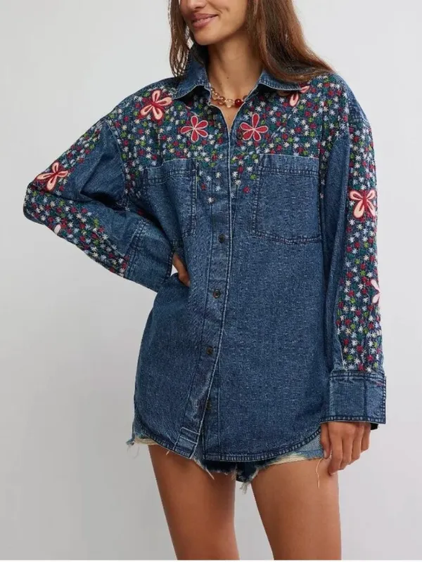 FREE PEOPLE NWT Rainbow Embroidered Denim Shirt / Rinse Wash - Image 3