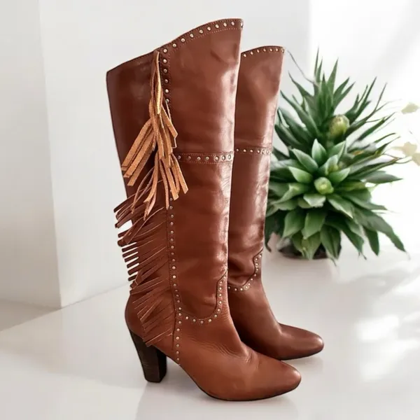 Vintage Nicole Genuine Leather Fringe Tall Heeled Boots​ - Image 2