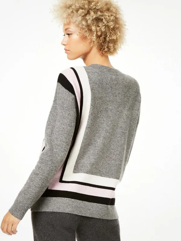 Charter Club Pure Cashmere Border Trim Sweater Gray Heather Pink Stripe Large - Image 2