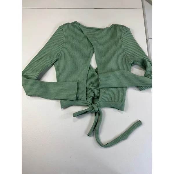rue21 Sage Green Ribbed Knit Wrap Top Open Back‎ Long Sleeve Crop Top - Image 3