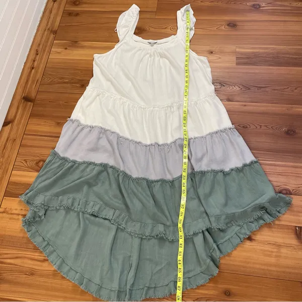 Colorblock Tiered High-Low Midi Dress White Gray Sage Pockets White Birch 1X - Image 3