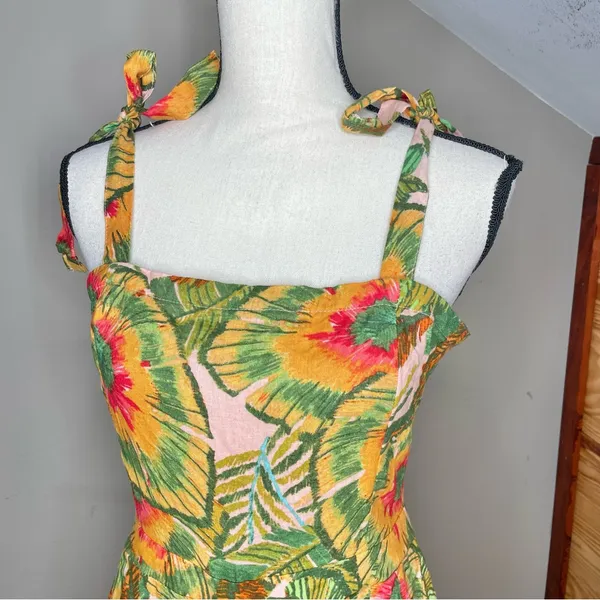 Cynthia Rowley Linen Blend Multicolor Tropical Wide Leg Jumpsuit Medium M - Image 4