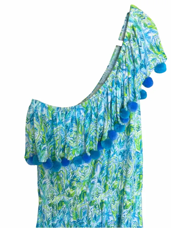 Lilly Pulitzer - Idara One-Shoulder Pom Pom Romper Blue Green Sz M - Image 7