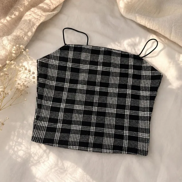 Popular 21 Black & White Plaid Spaghetti Strap Crop Top Y2K L - Image 4
