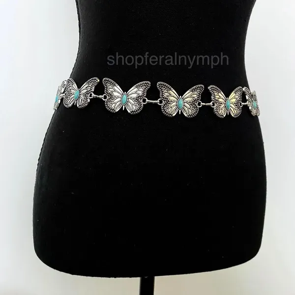 Silver Turquoise Butterfly Whimsygoth Chain Belt, Fits 23-38 Inches, X7GA1253 - Image 4