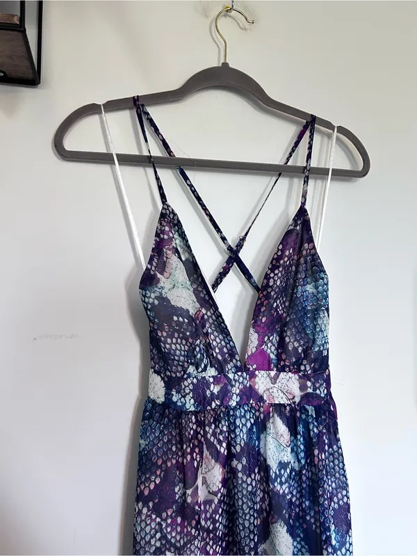 NWT Windsor Purple Snakeskin Print Crisscross Back Slit Leg Maxi Dress Small - Image 3