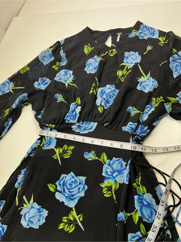 Free People Samantha Lace Up Mini Dress Black Floral Blue Combo Womens Large - Image 9