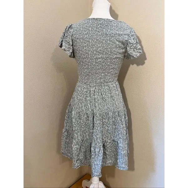 Altar'd State Sage Gray Green Ivory Floral Ruffle Sleeve Mini Dress S - Image 2