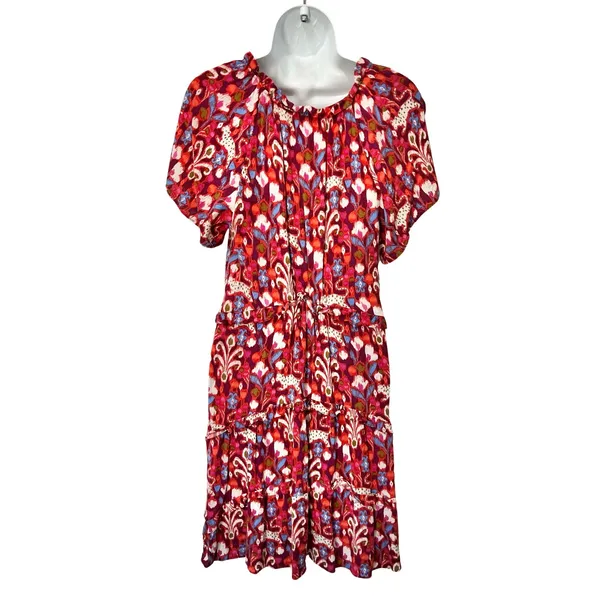 Anthropologie Pink Red Blue Ruffle Flutter Sleeve Dress size S Boho Tomato Girl - Image 5