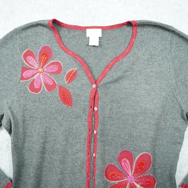 Sigrid Olsen Cottagecore 90s Gray Floral Beaded Cardigan‎ Sweater Cute Soft Girl - Image 2