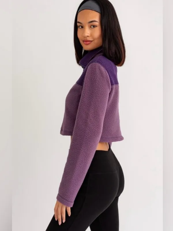 Le Lis Purple Colorblock Cropped Fleece Half Zip Pullover Medium NWT - Image 3