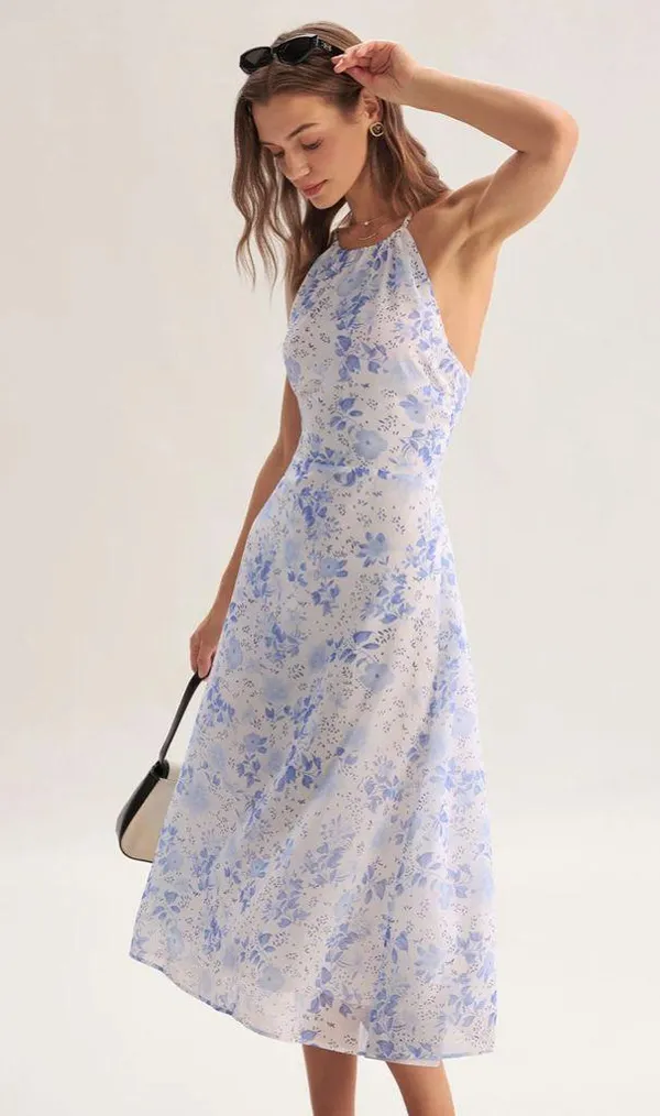 Rihoas Blue Floral Halter Midi Dress - Image 4