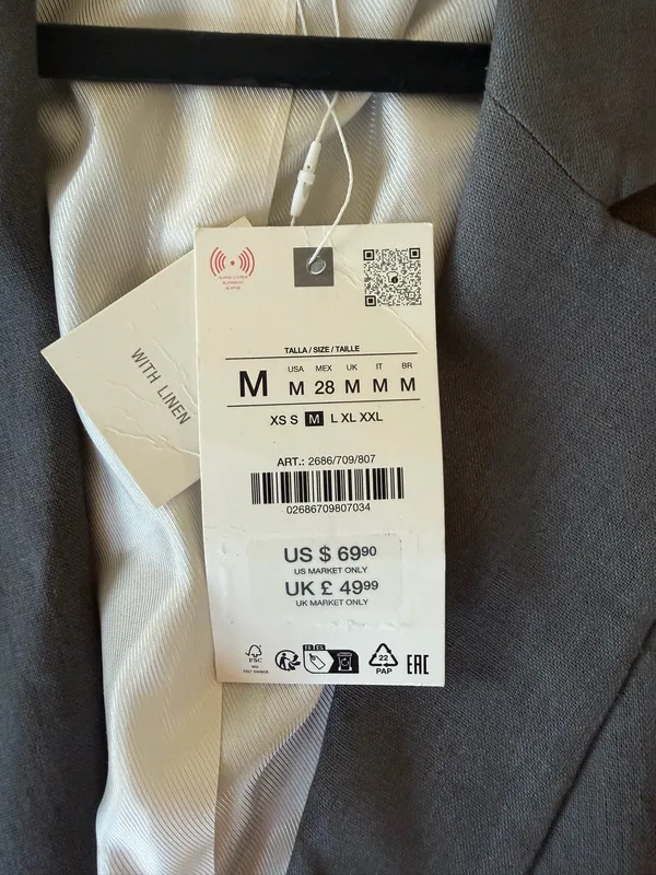 Zara Linen Blend Blazer with printed cuff Grey M - Image 7