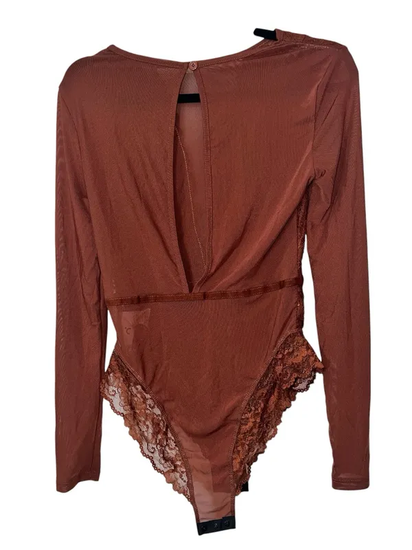 Commense Long Sleeve Sheer Lace Mesh Bodysuit Brown NWT Sold Out Size Small - Image 3