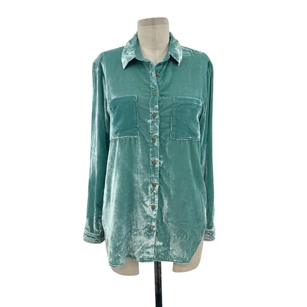 Anthropologie Pilcro Mara Relaxed‎ Velvet Buttondown Top Teal Blue Size US 2 - Image 3