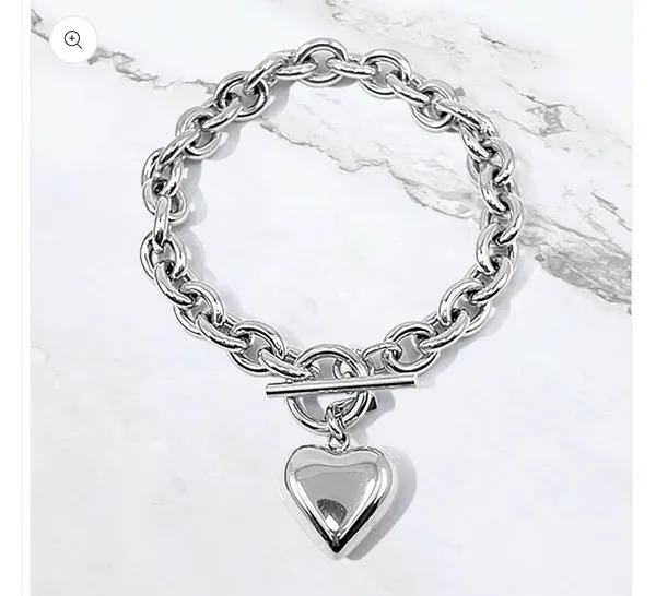 Stainless Steel Puffy Heart Charm Toggle Bracelet - Image 2