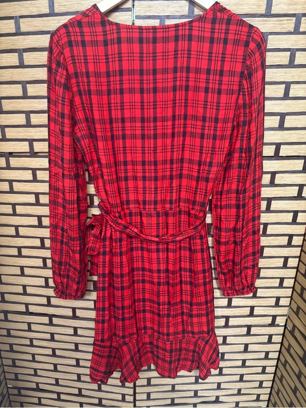 Express red and black plaid wrap style dress size small - Image 2