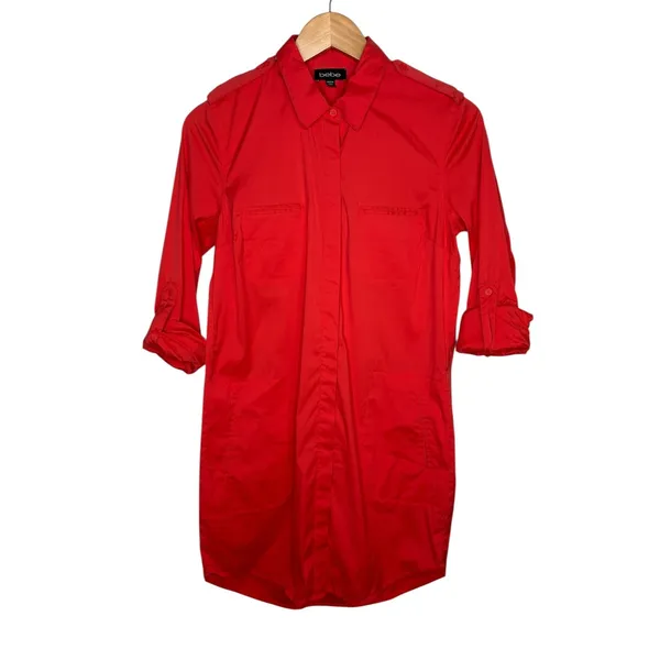 Bebe Belted Shirt Dress Womens Small Red Utility Mini Roll Tab Sleeve‎ Vibrant - Image 3