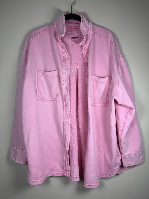 Aerie Lumber Jane Pink Terry Cloth Cotton Button Up Shacket - Size S - Image 3
