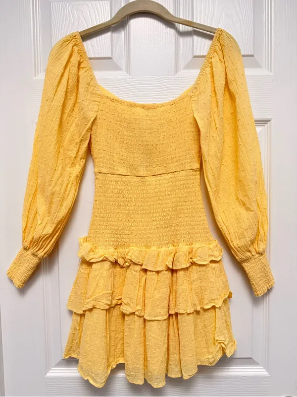 ASTR the Label Marietta Yellow Mini Dress Long Sleeve Smocked size‎ XS - Image 3
