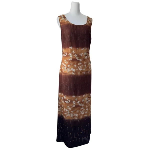 Vintage ‘90s Apostrophe Brown & Tan Floral Scoop Neck Sleeveless Maxi Dress - Image 2