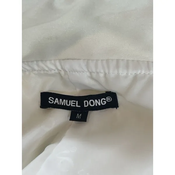 Samuel Dong Bubble Hem Dress M Ivory Ruffle Draped Collar Belted Cocktail - Image 8