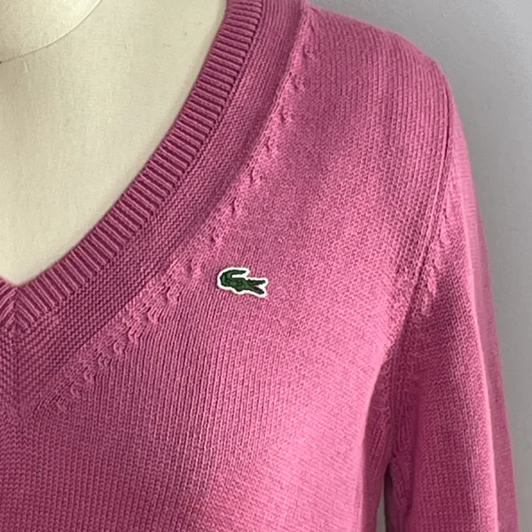 Lacoste Pink V-Neck Knit Sweater, Size 38 (Medium) - Image 3